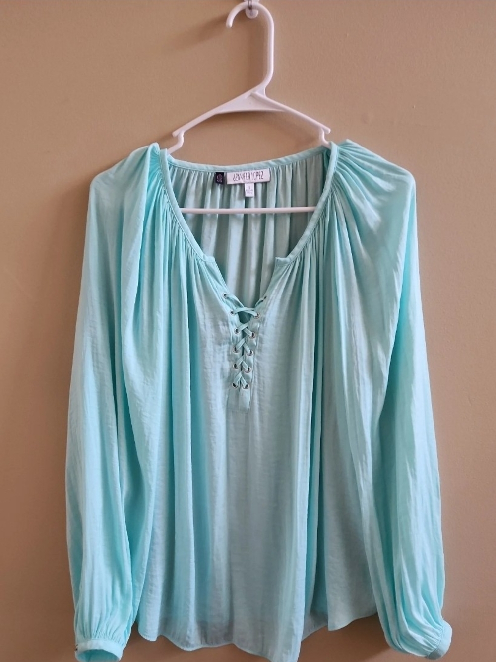 JLO- L- Light Aqua Lace-Up Peasant Blouse - Picture 2 of 5